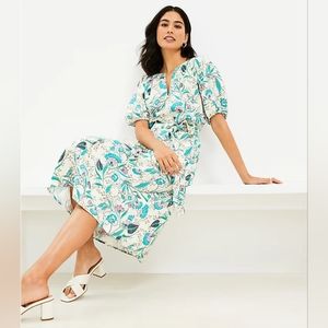 Petite Medium - Floral V-Neck Puff Sleeve Midi Dress from The Loft